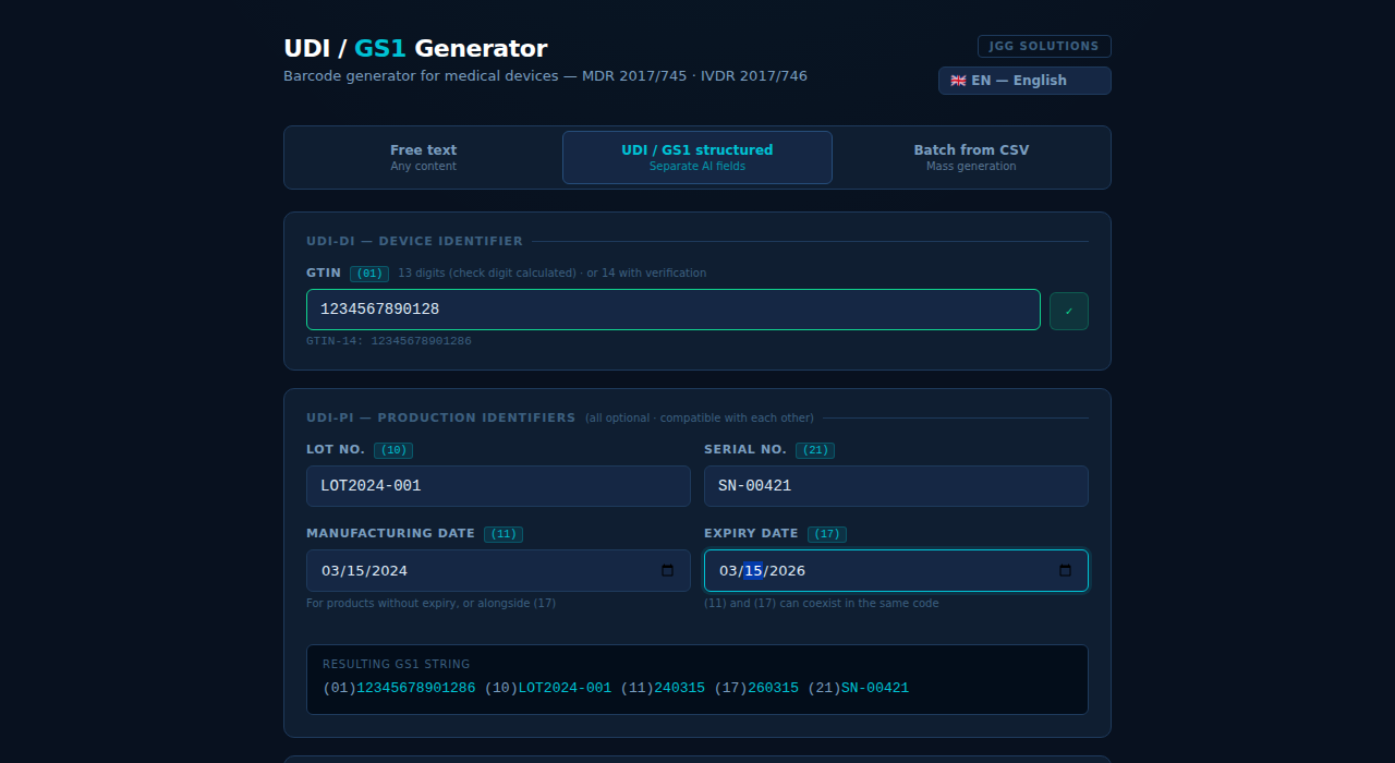 Modo UDI/GS1 estructurado con previsualización de cadena GS1 en tiempo real