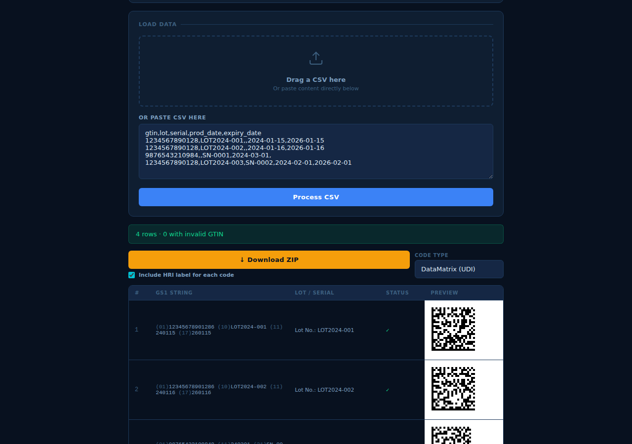 Modo lote — procesa cientos de códigos desde un CSV